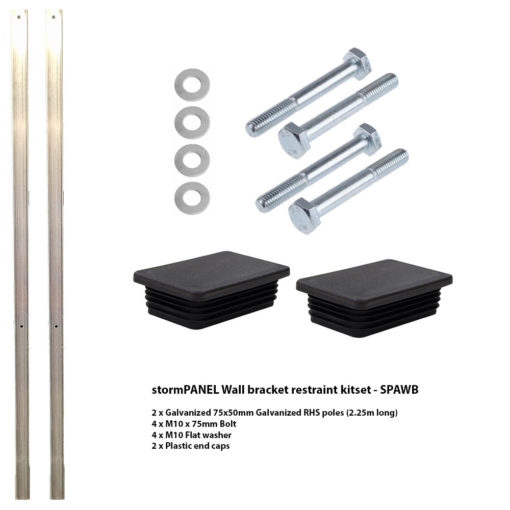 A stormPANEL Pole restraint kit, including hardware and screws for secure installation.