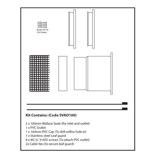 A diagram showing the parts of a stormVAULT 100mm overflow kit.