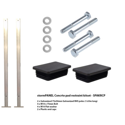 A stormPANEL Concrete pad pole restraint kit and metal hardware kit for a ski lift.